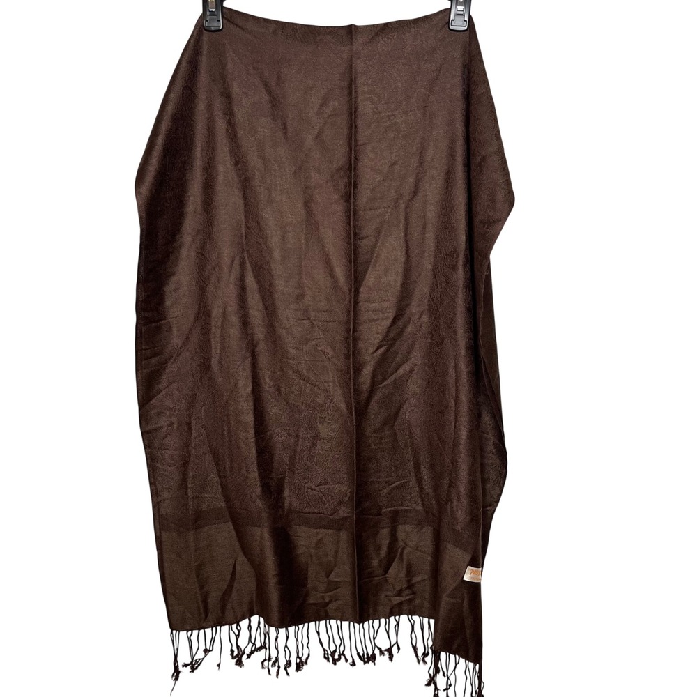 Pashmina SILK Oversize Scarf Brown‎ Paisley Pattern Tassel Fringe Luxury Wrap